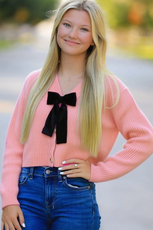 Bow Tie V-Neck Cropped Cardigan Miss Sparkling