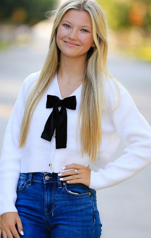 Bow Tie V-Neck Cropped Cardigan Miss Sparkling