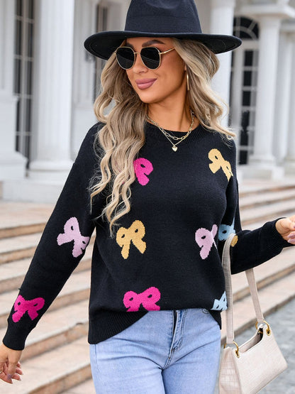 Chic bow motif long sleeve sweater with round neckline