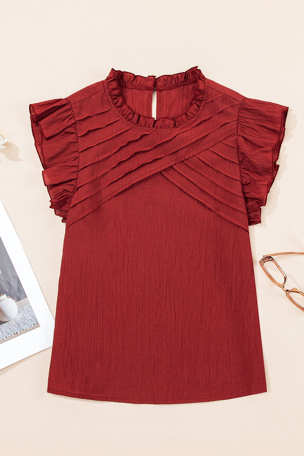 Red Dahlia Solid Color Pleated Detail Ruffle Blouse