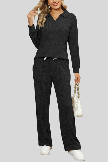 Ribbed Long Sleeve Top and Pocketed Pants Set.