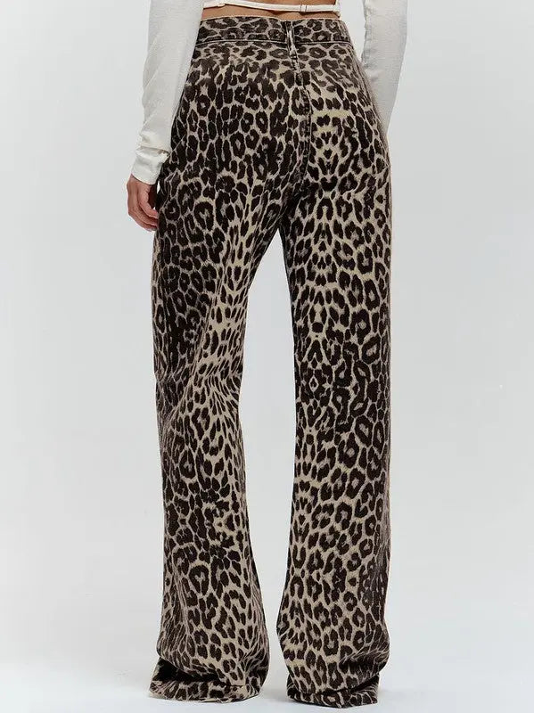Leopard Print Denim Pants High Waisted Straight Leg Miss Sparkling