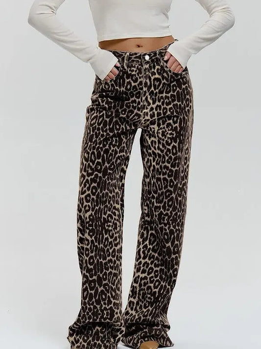 Leopard Print Denim Pants High Waisted Straight Leg Miss Sparkling
