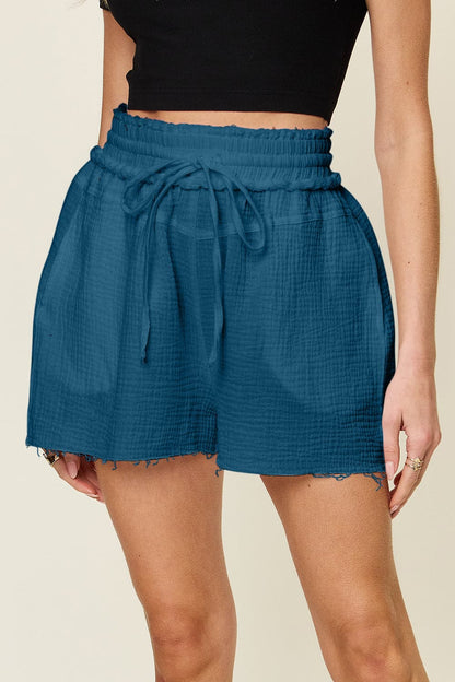 Double Take Full Size Texture Raw Trim Drawstring Shorts.