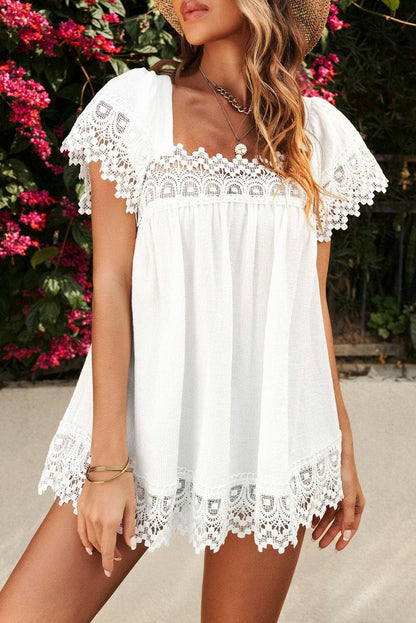 Lace Detail Square Neck Short Sleeve Blouse.