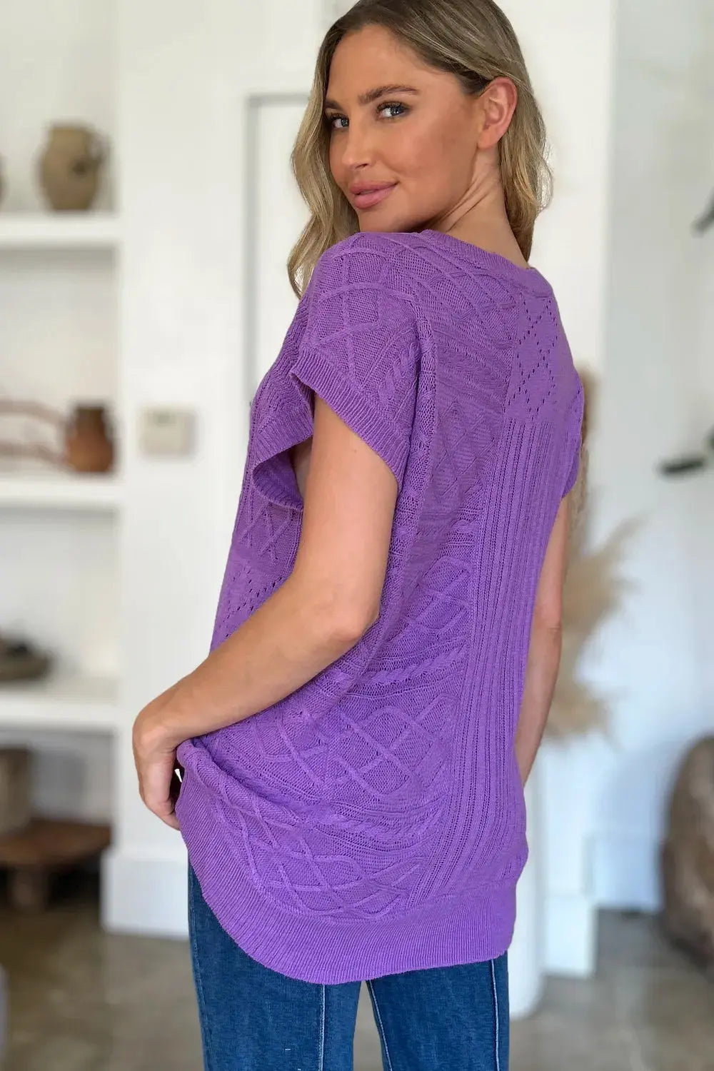 Double Take Full Size Cable-Knit Round Neck Cap Sleeve Sweater - Love Salve