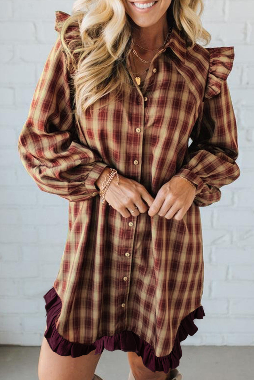 Red Plaid Ruffled Long Sleeve Patchwork Shirt Dress