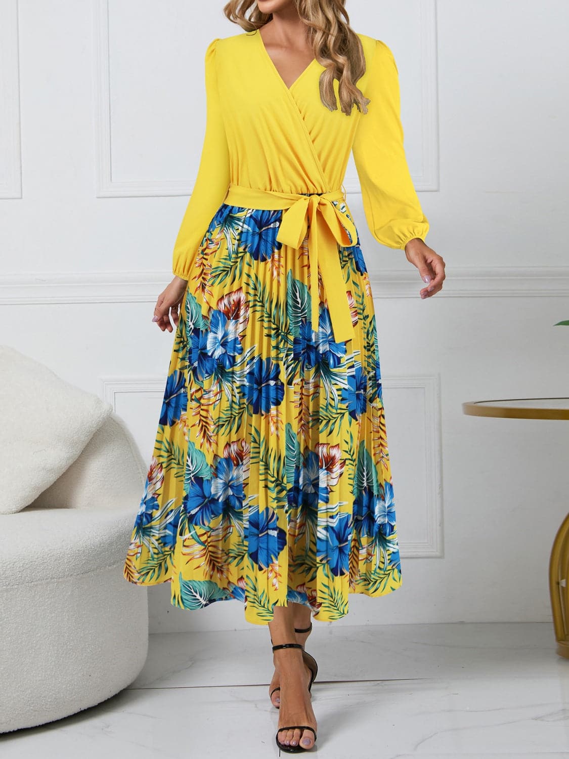 Pleated Printed Surplice Long Sleeve Dress.