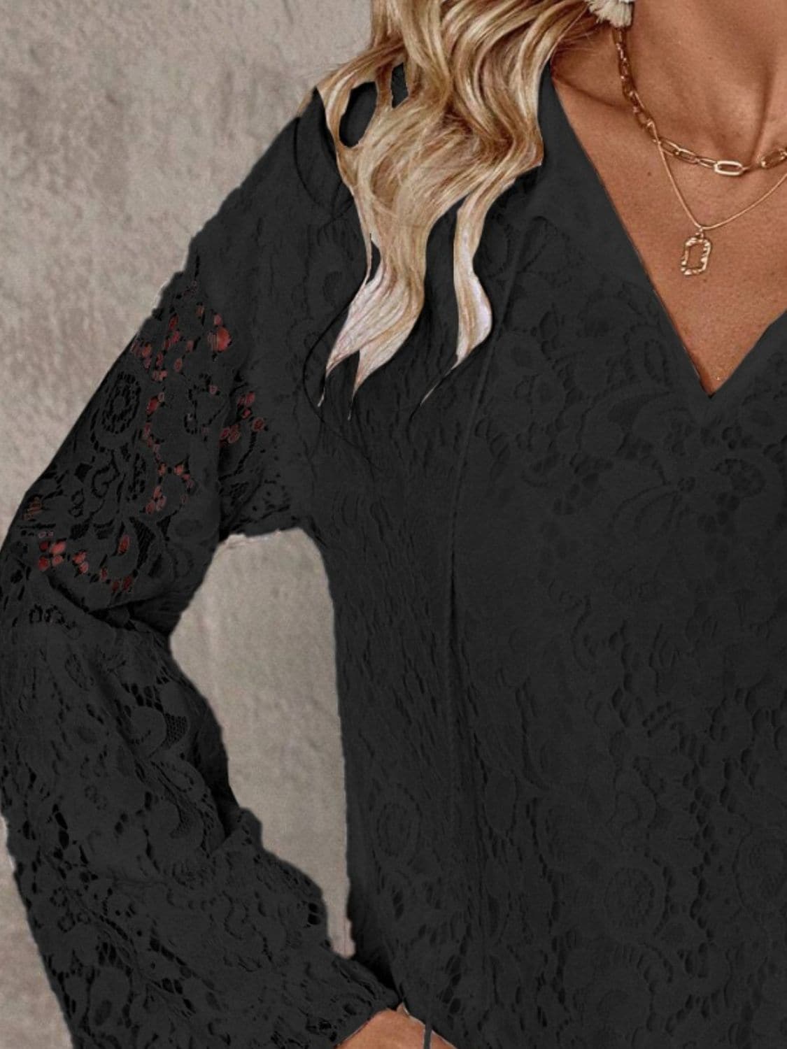 Lace Tie Neck Long Sleeve Blouse.