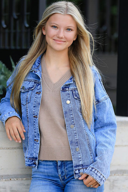 Miss Sparkling Fringe Denim Jacket. Classic blue jean jacket with stylish fringe detail.