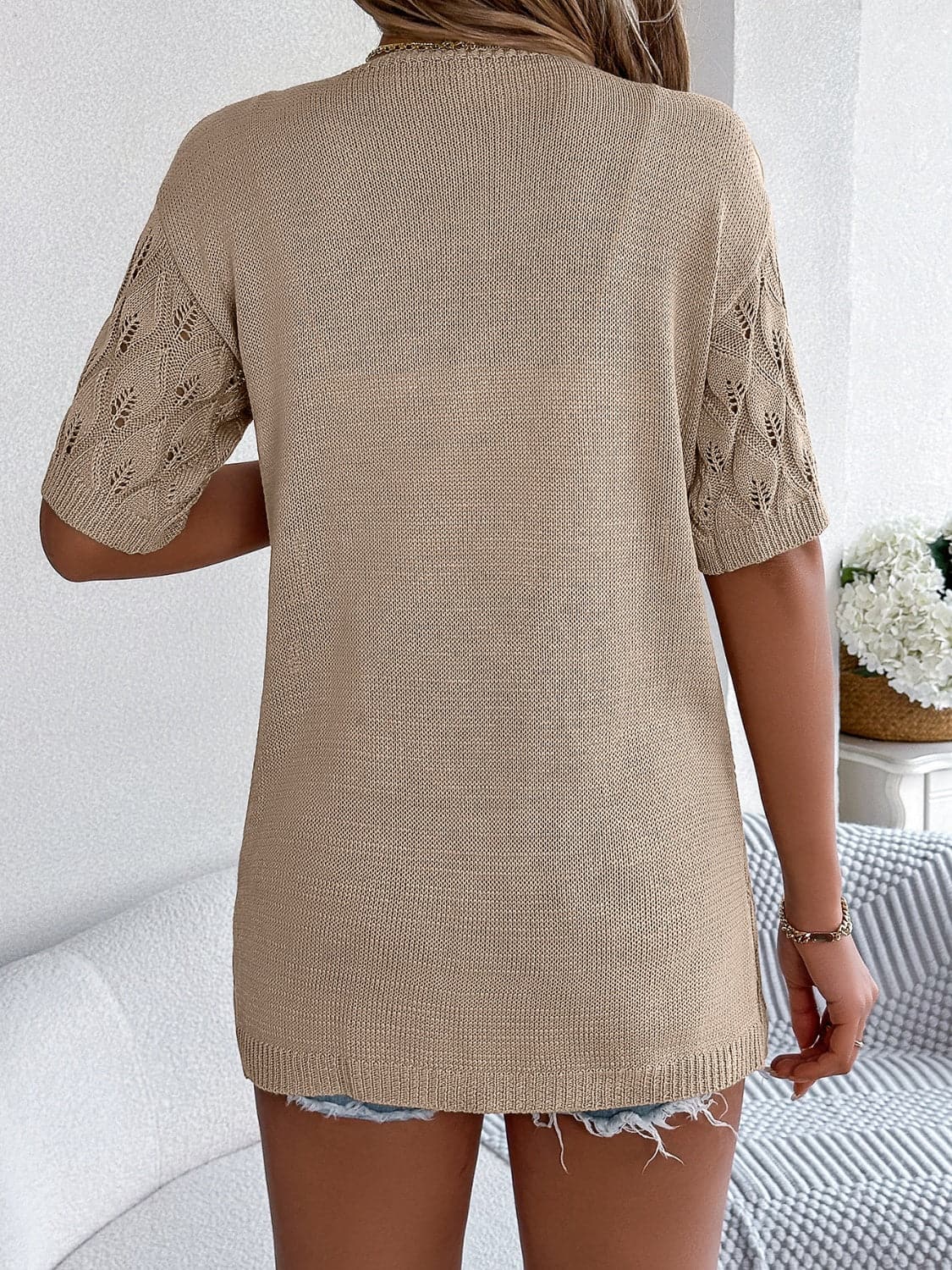 Openwork Open Front Short Sleeve Cardigan.