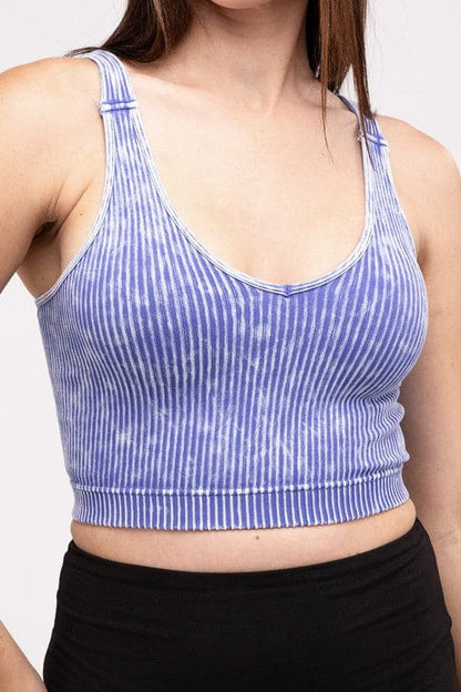 Washed Ribbed Cropped V-Neck Tank Top.