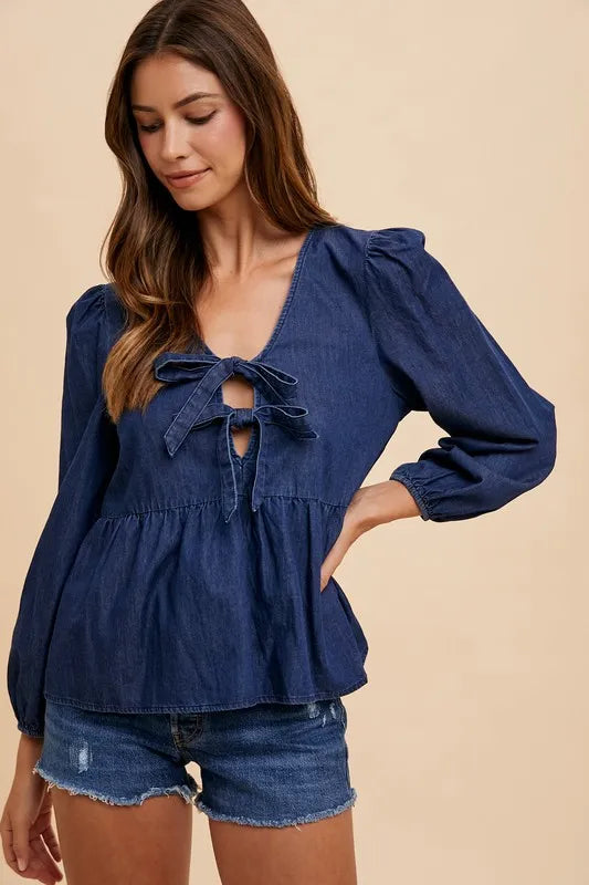Annie Wear Tie Front Peplum Long Sleeve Denim Top - Love Salve 