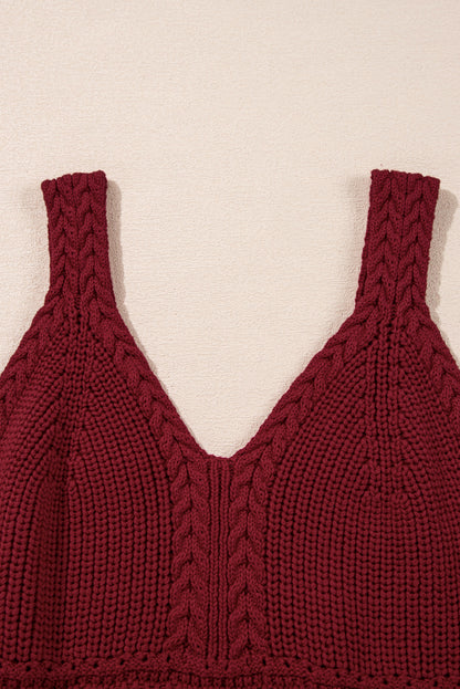 Burgundy Cable Knit Pointelle Slim Fit V Neck Sweater Vest