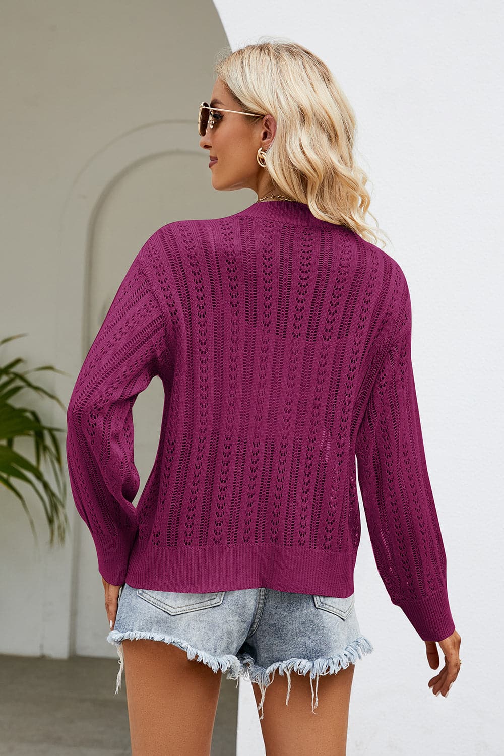 Openwork Button Front V-Neck Cardigan.