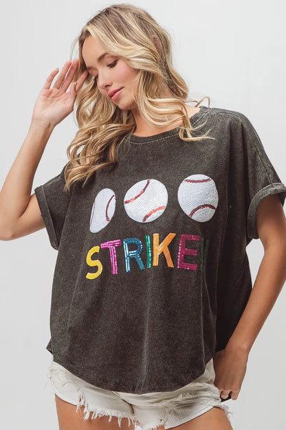 BiBi Sequin Baseballs Strike Washed Short Sleeve Top - Love Salve 