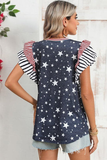 Flag Stripe Ruffle Sleeve Star Shirt USA.