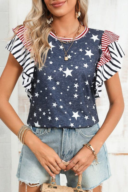 Flag Stripe Ruffle Sleeve Star Shirt USA.