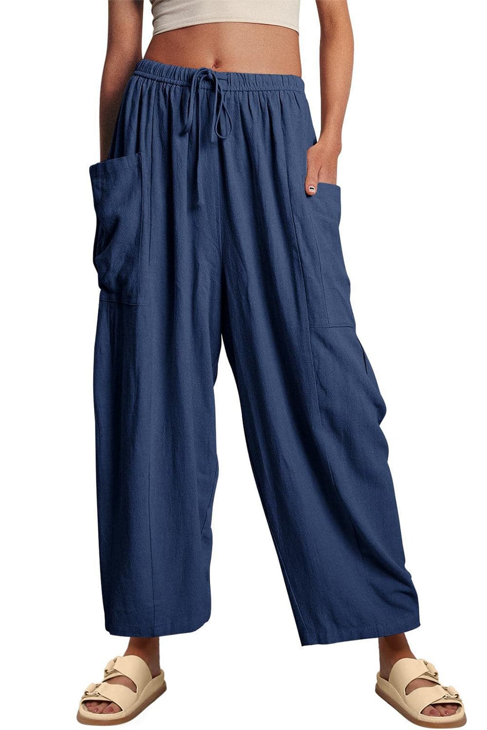 Full Size Pocketed Drawstring Wide Leg Pants.