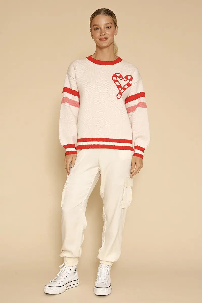Candy Cane Knit Sweater With Intarsia Front And Back And Retro Varsity Stripes Miss Sparkling