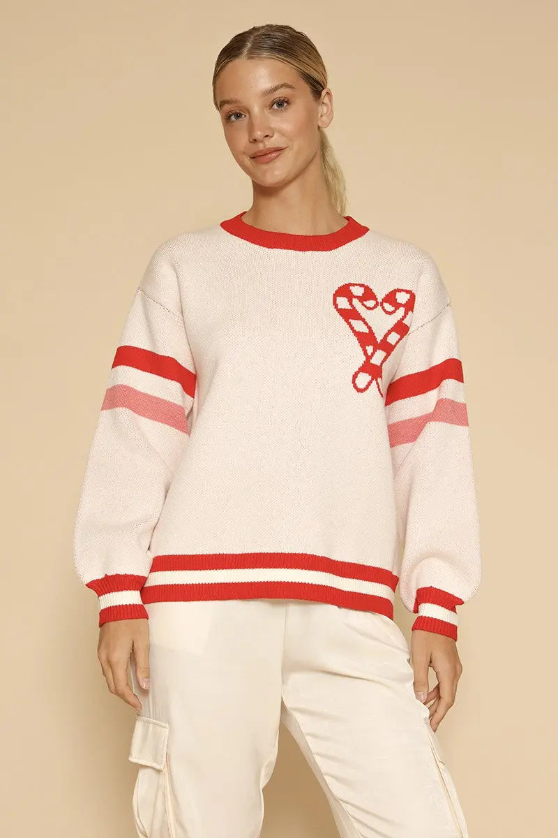 Candy Cane Knit Sweater With Intarsia Front And Back And Retro Varsity Stripes Miss Sparkling