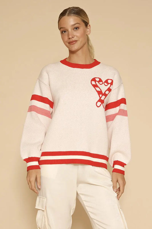 Candy Cane Knit Sweater With Intarsia Front And Back And Retro Varsity Stripes Miss Sparkling