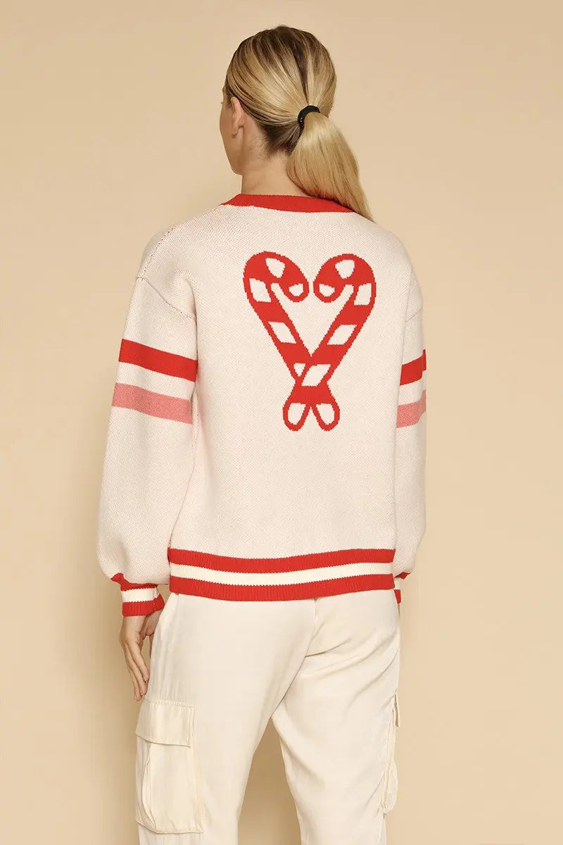 Candy Cane Knit Sweater With Intarsia Front And Back And Retro Varsity Stripes Miss Sparkling