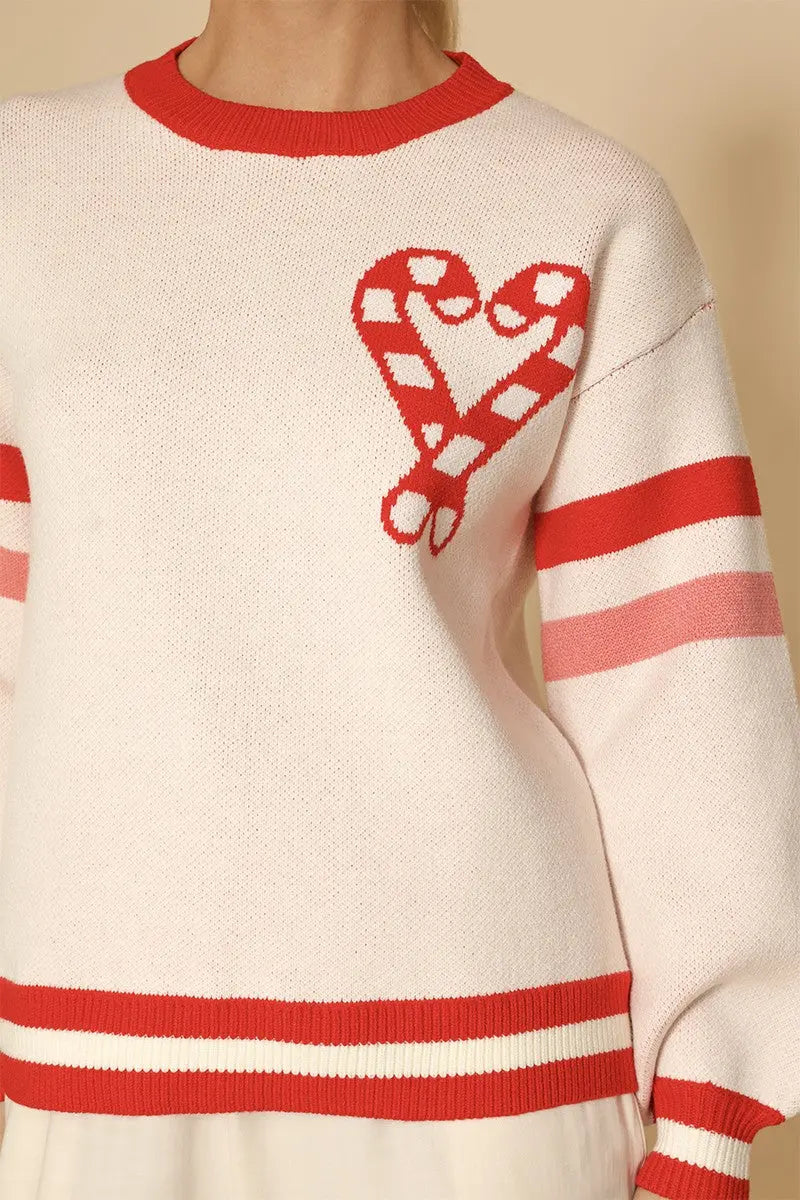 Candy Cane Knit Sweater With Intarsia Front And Back And Retro Varsity Stripes Miss Sparkling