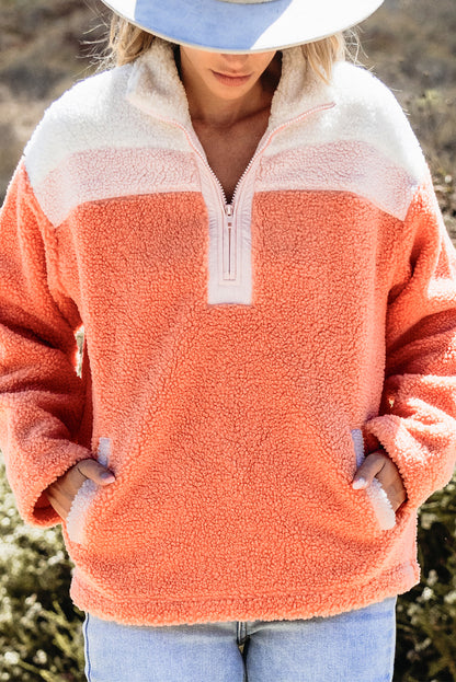 Cozy orange colorblock sherpa sweatshirt with half zipper and stand neck