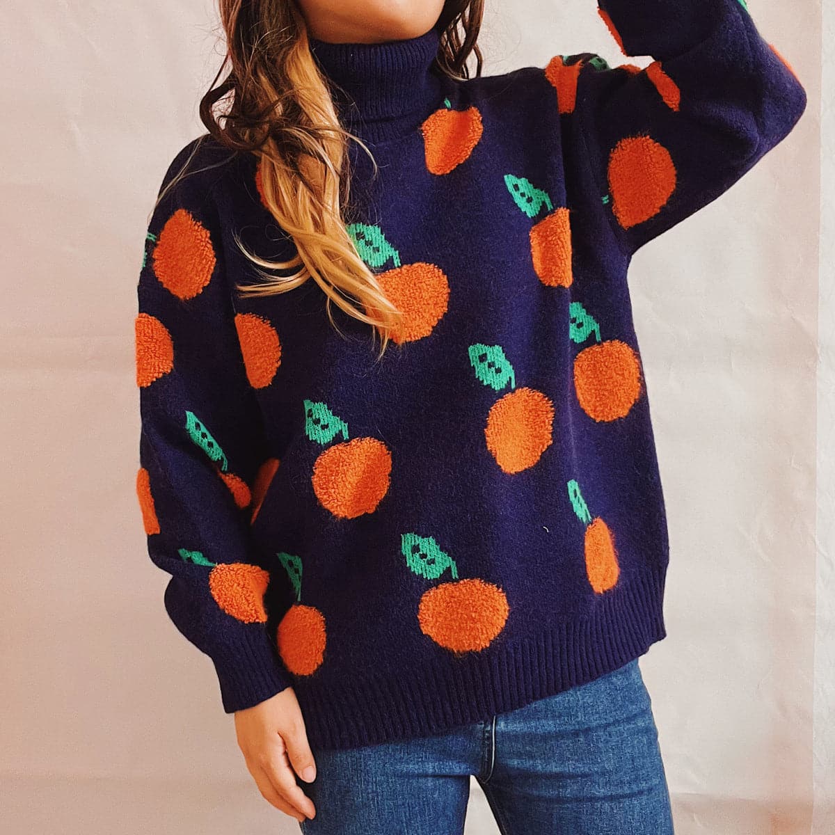 Fruit Pattern Turtleneck Dropped Sweater.