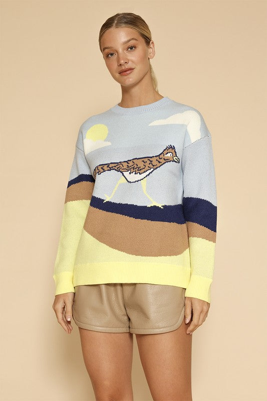 Vibrant roadrunner knit sweater