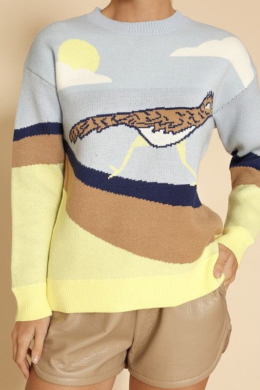 Vibrant roadrunner knit sweater