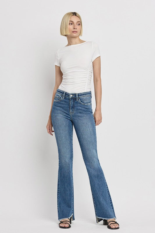 High Rise Slant Hem Flare Jeans