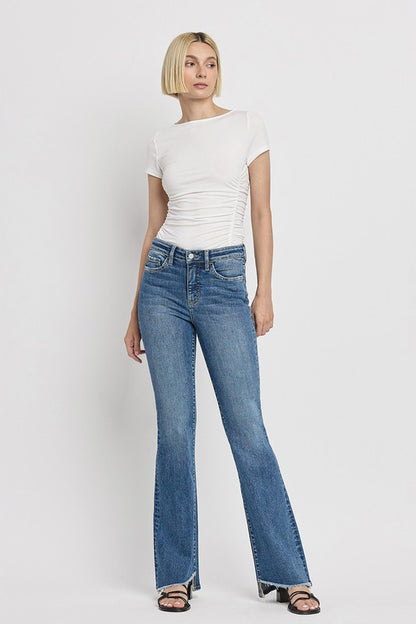 High Rise Slant Hem Flare Jeans