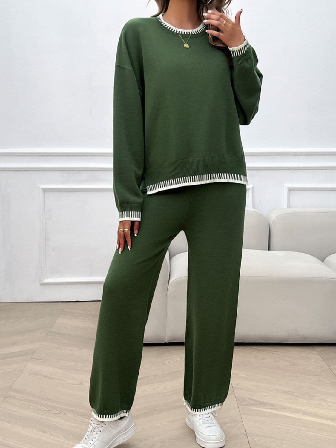 Round Neck Dropped Shoulder Top and Pants Sweater Set.