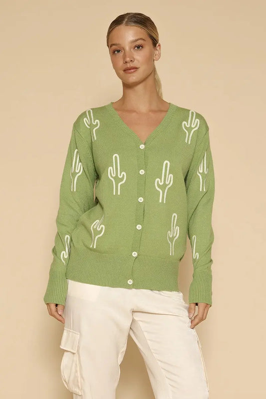 Cactus Knit Button Front Cardigan With Allover Cactus Detail Miss Sparkling