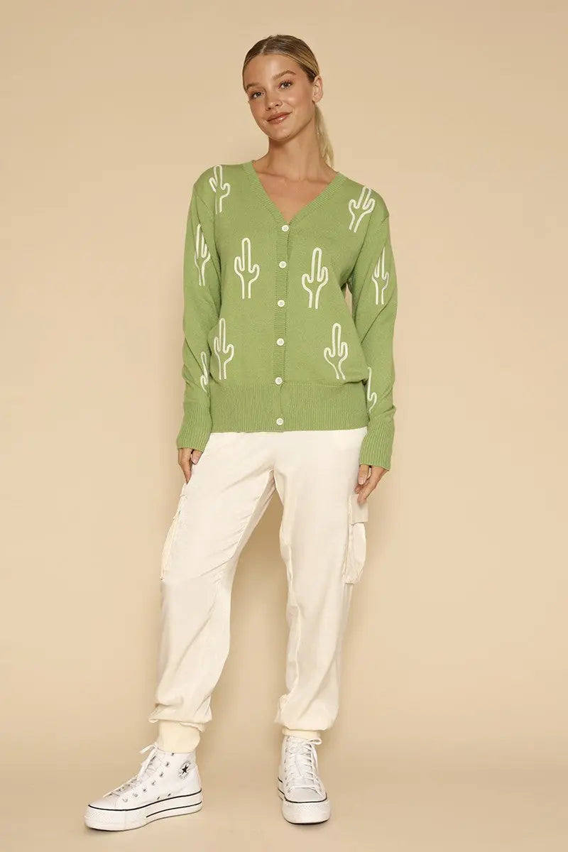 Cactus Knit Button Front Cardigan With Allover Cactus Detail Miss Sparkling