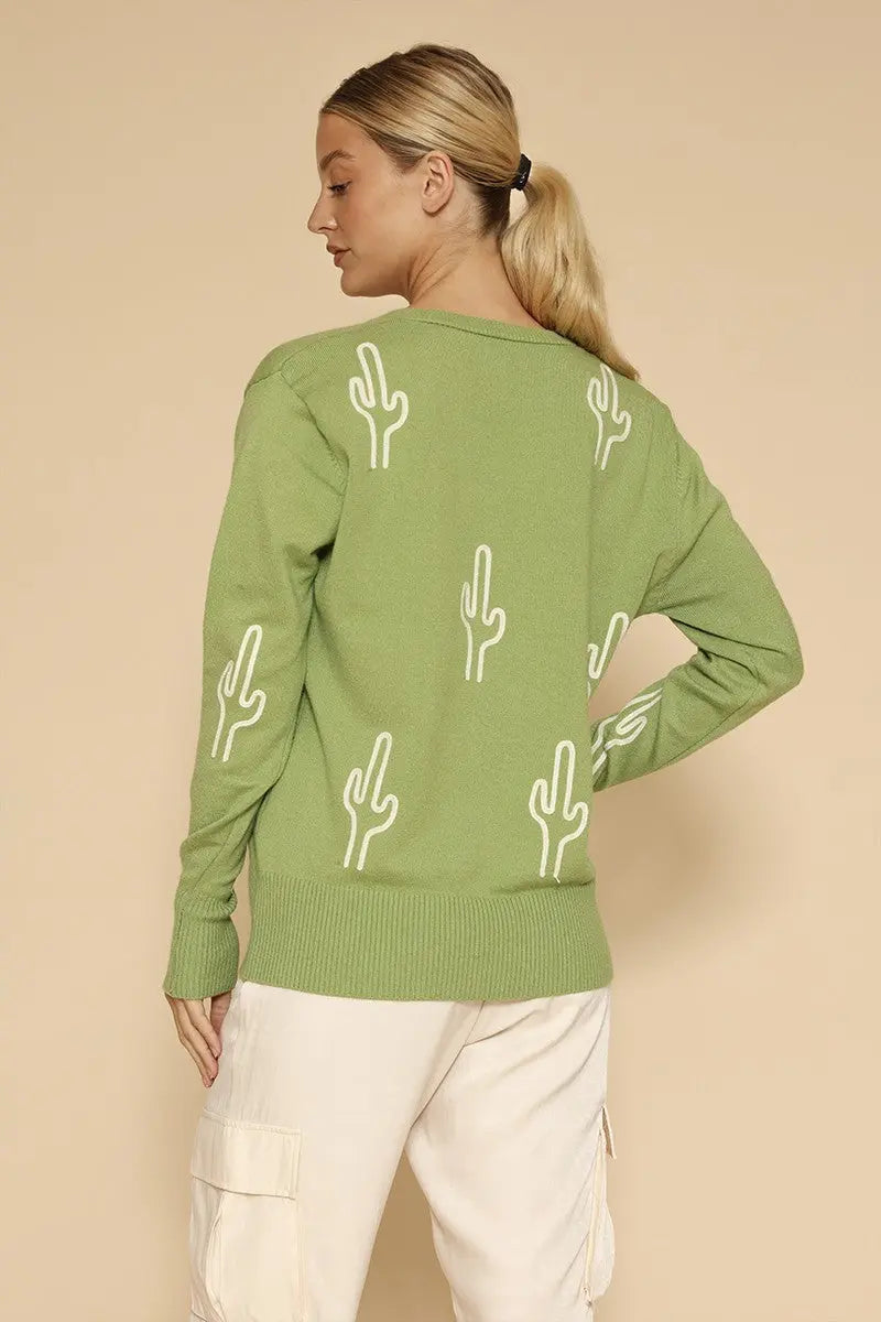 Cactus Knit Button Front Cardigan With Allover Cactus Detail Miss Sparkling