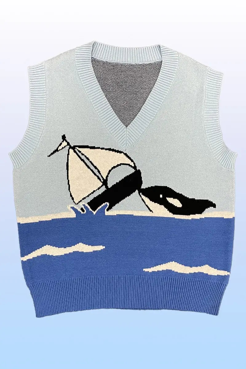 Orca Knit Sweater Vest With Intarsia V Neck Sleeveless Exclusive Design Miss Sparkling