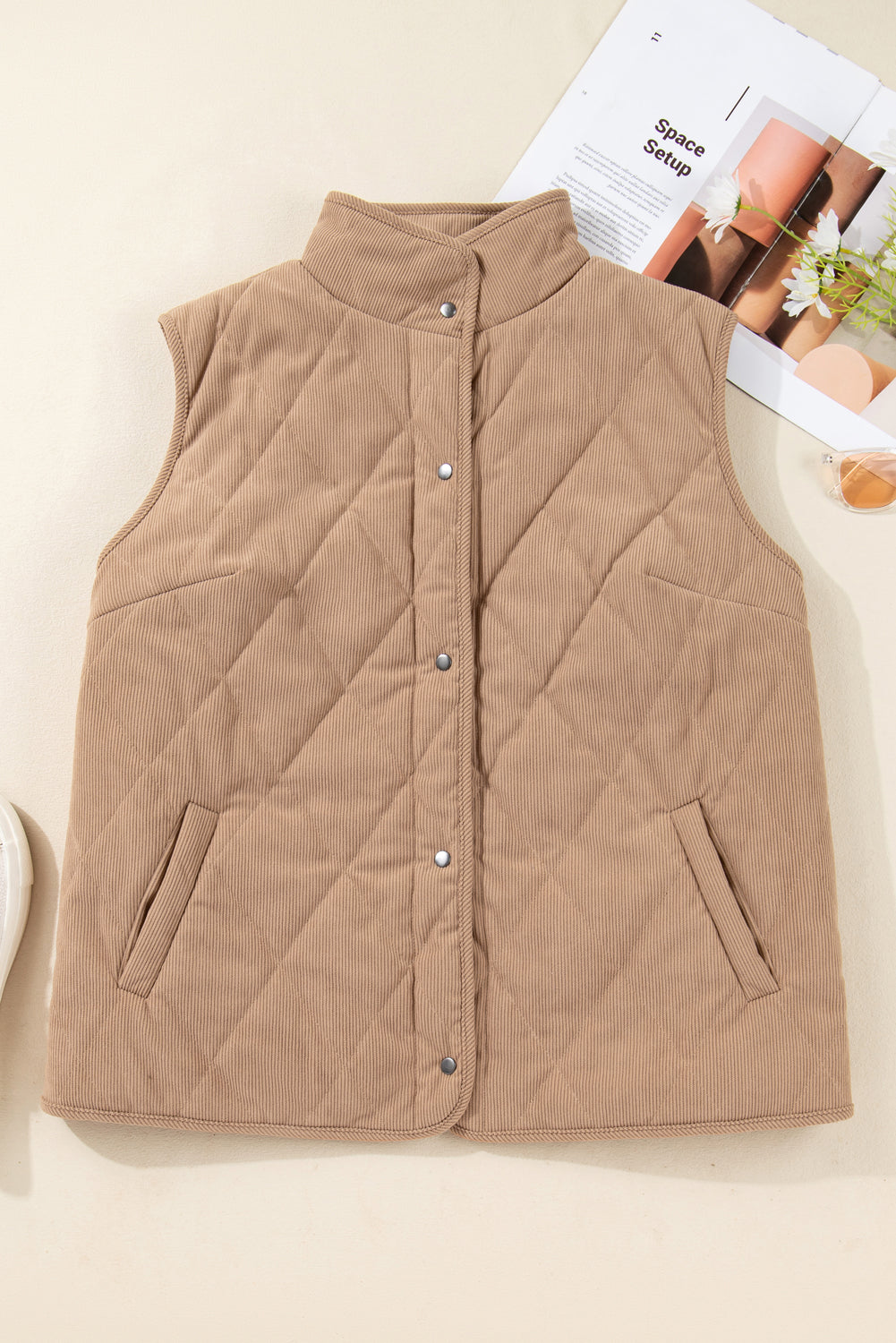 Camel Plus Size Quilted Cord Snap Button Vest Jacket Dear-Lover Dropshipping