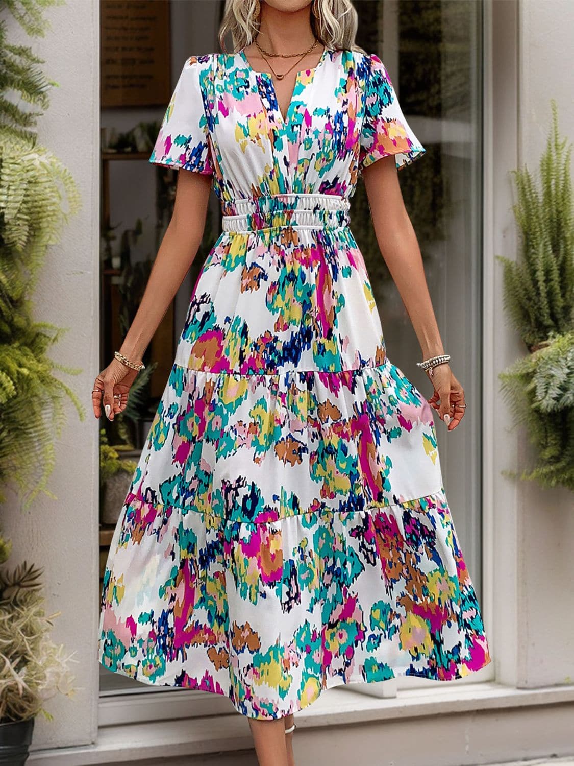 Printed Notched Short Sleeve Midi Dress.