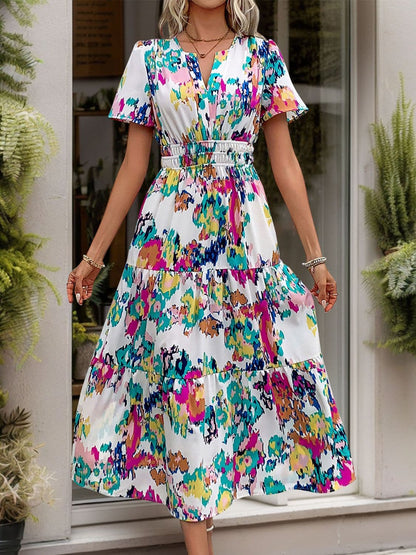 Printed Notched Short Sleeve Midi Dress.