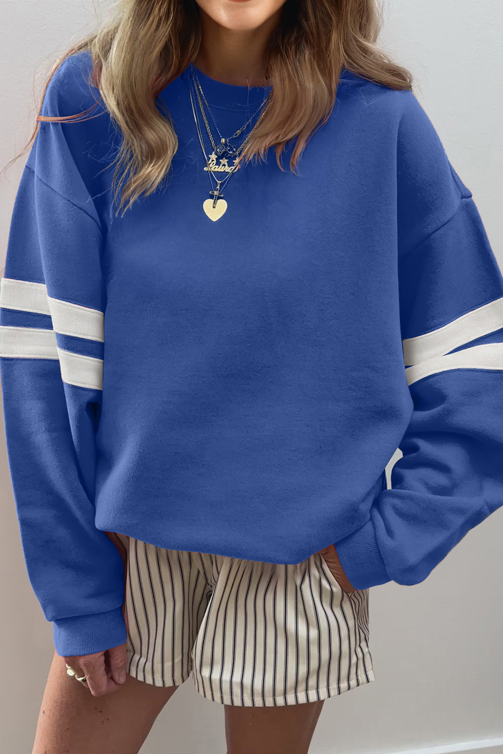 Premium Sky Blue Varsity Striped Drop Shoulder Oversized Sweatshirt