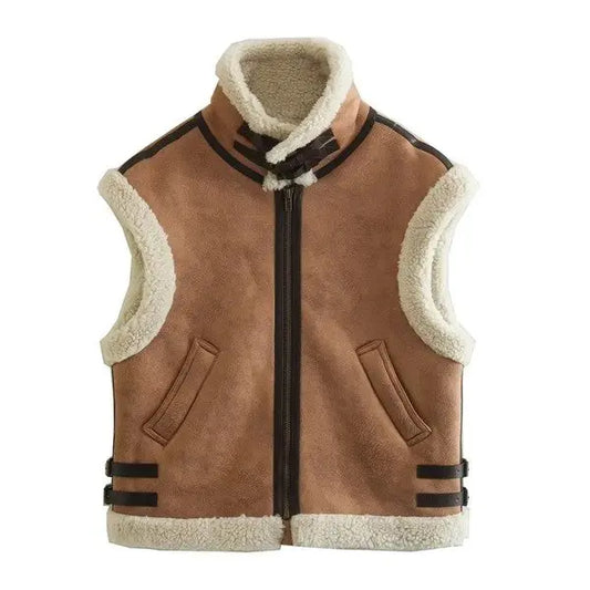 Sleeveless Suede Vest With Faux Shearling Patchwork And Front Zipper Miss Sparkling