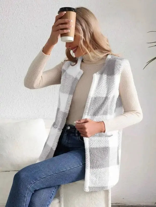 Soft Sleeveless Sherpa Plaid Vest For Easy Layering And Casual Style Miss Sparkling