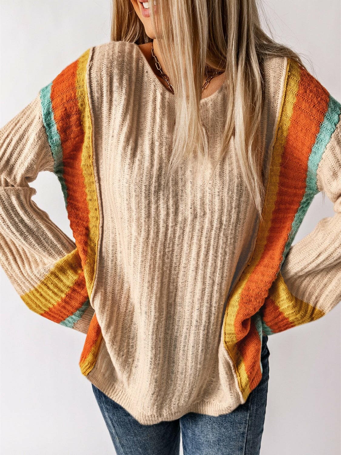 Striped Round Neck Long Sleeve Sweater.