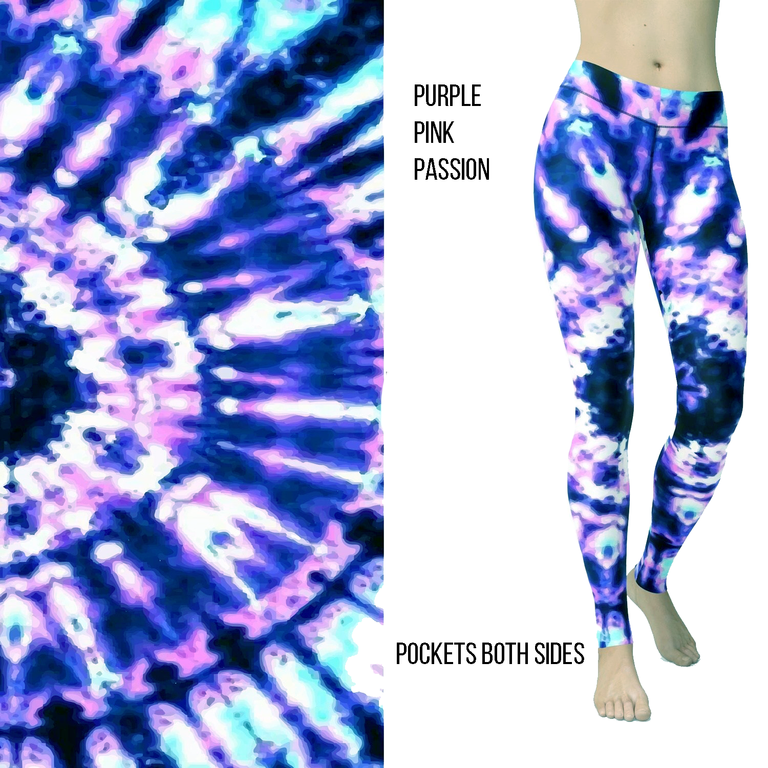 MM Purple Blue Passion full length leggings in a vibrant purple and blue abstract design, featuring a high waist and side poc
