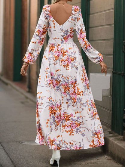 Slit Printed Surplice Long Sleeve Maxi Dress.