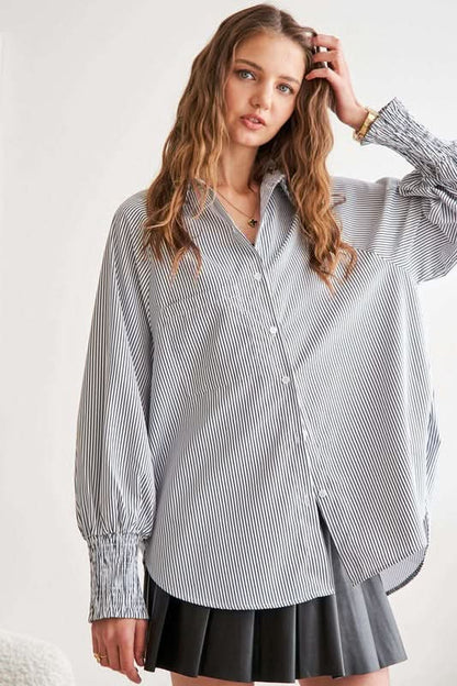 Trendy High-Low Striped Button-Up Shirt with Smocked Lantern Sleeves