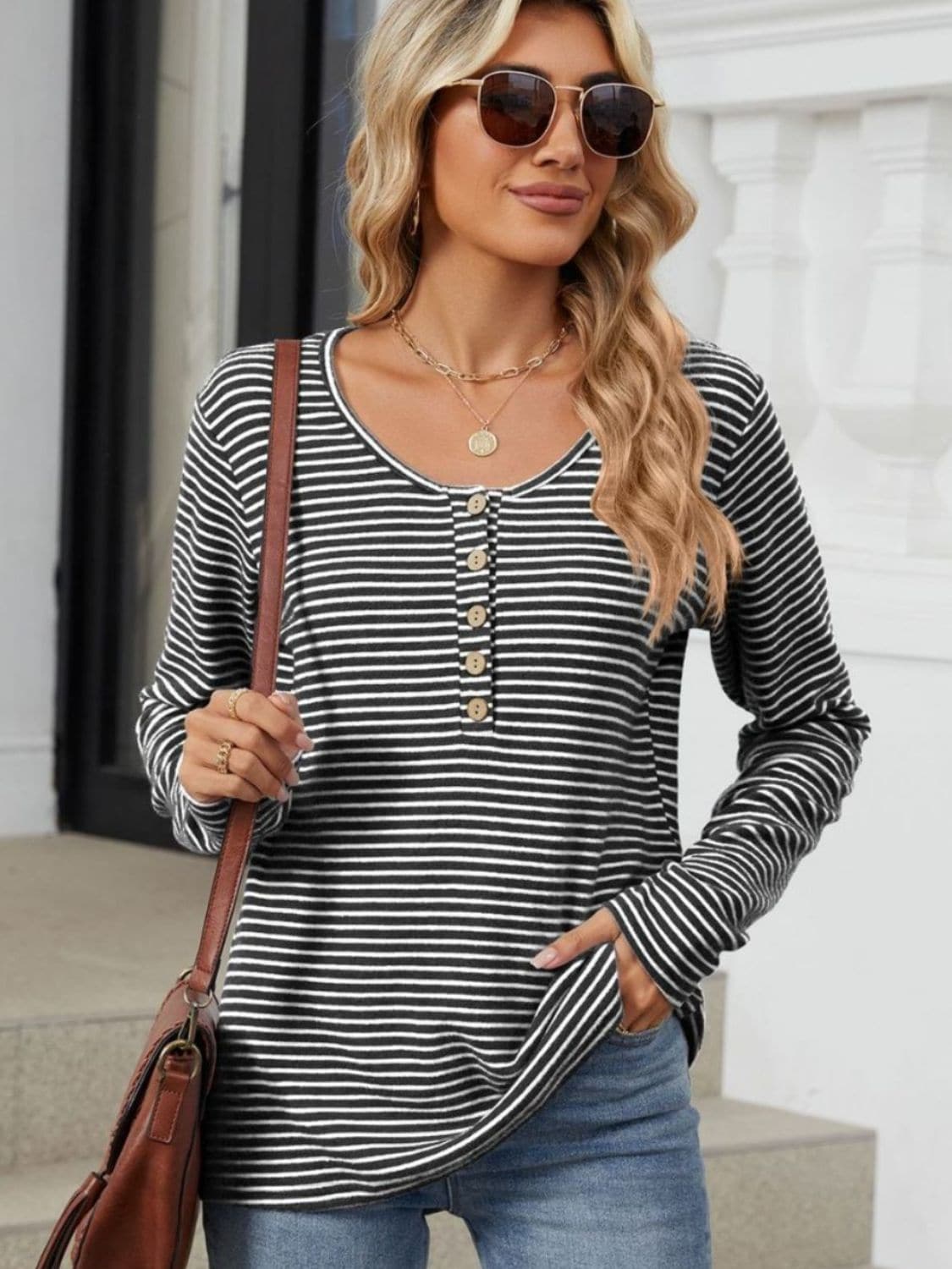 Striped Half Button Long Sleeve T-Shirt.